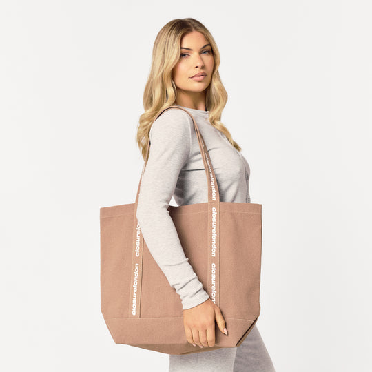 Women's Washed Brown Branded Strap Heavyweight Tote Bag Closure London Front View
