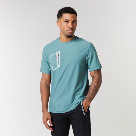 Men's Dark Sage Tech Pocket T-Shirt Closure London Front View