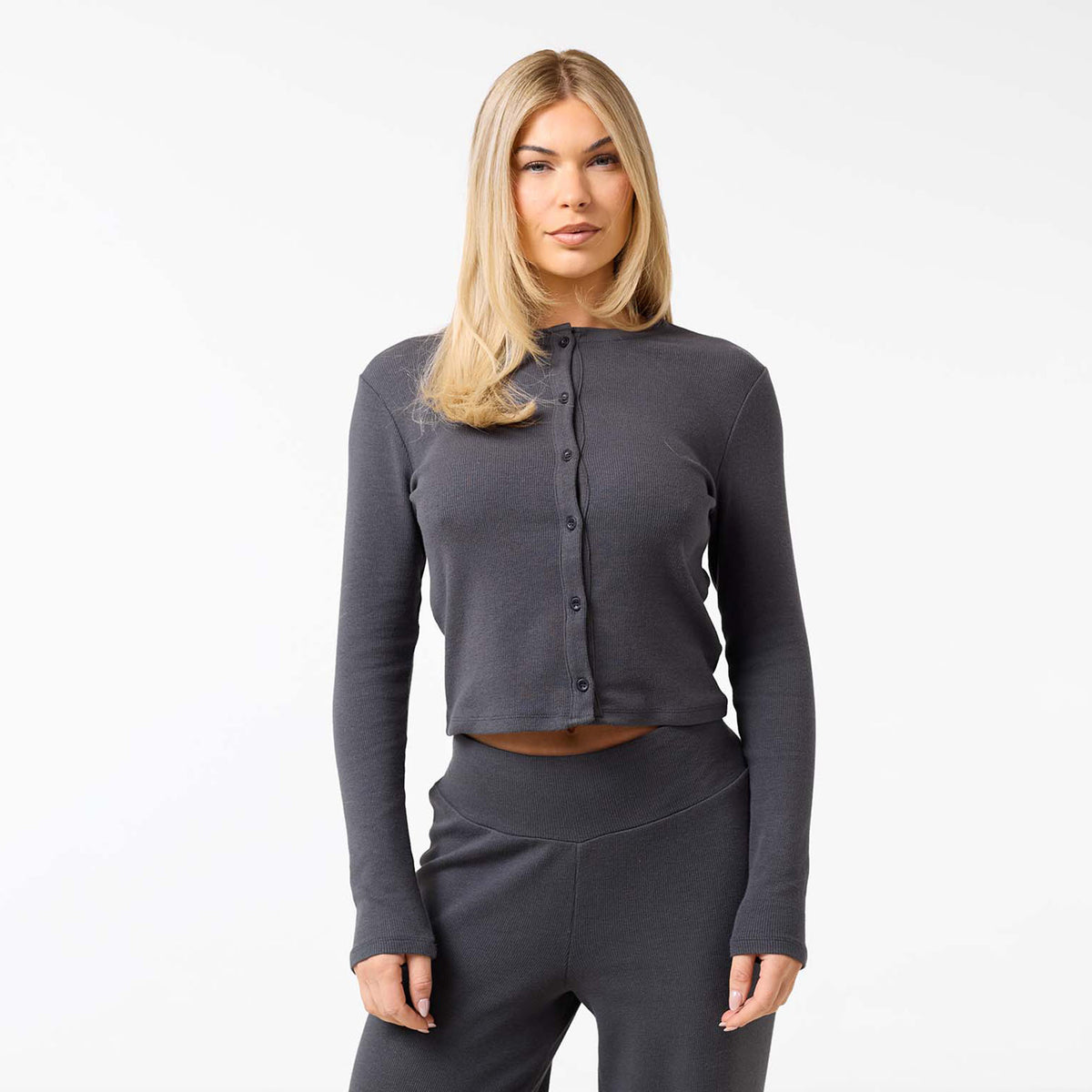 Ribbed Button Up Top | Charcoal – Closure London