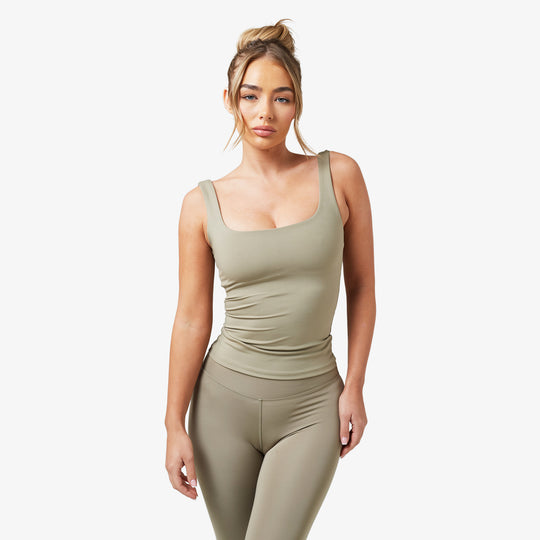 Women's Olive Second Skin Square Neck Vest Closure London Front View
