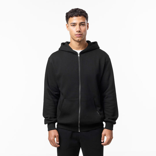 Men's Black Relaxed Full Zip Hoodie Closure London Front View