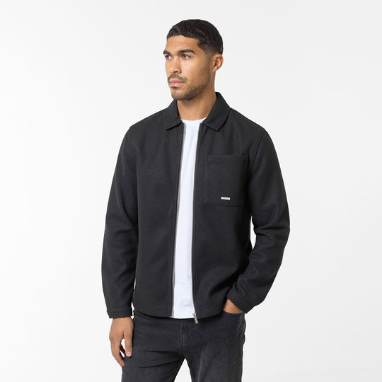 Men's Black Wool Zip Overshirt Closure London Front View