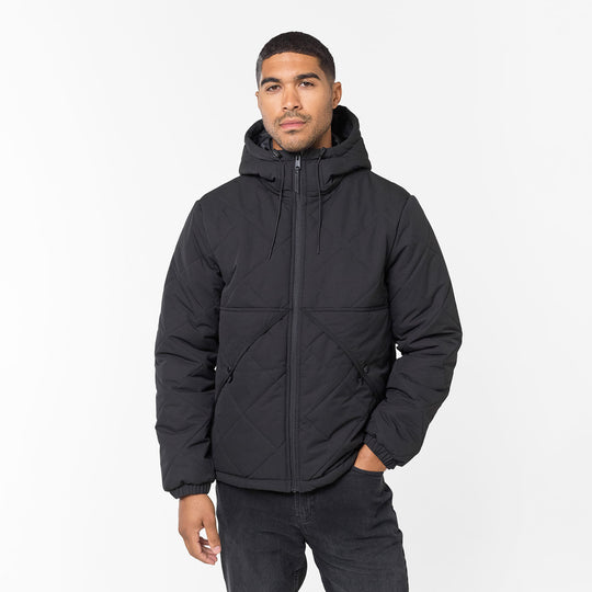 Men's Black Diamond Quilted Pocket Puffer Jacket Closure London Front View