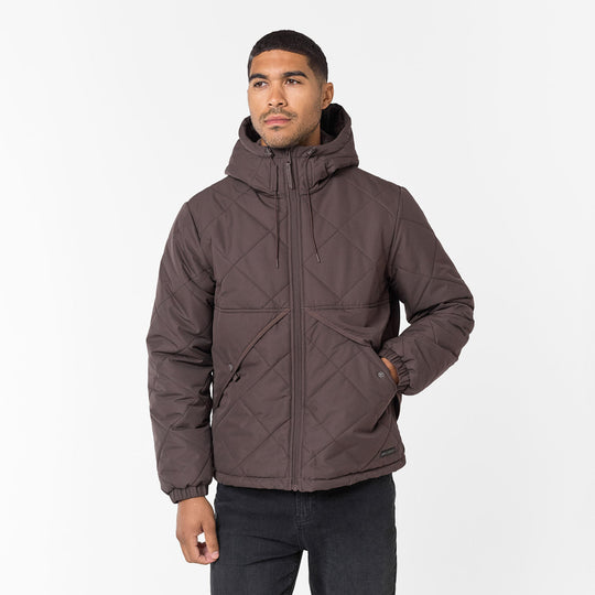 Men's Brown Diamond Quilted Pocket Puffer Jacket Closure London Front View