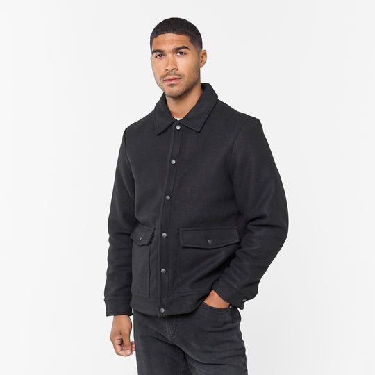 Men's Black Wool Button Up Overshirt Closure London Front View