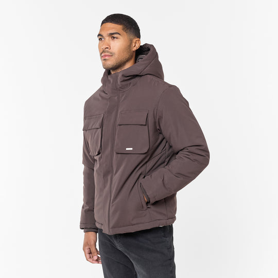 Men's Brown Padded Utility Shell Jacket Closure London Front View