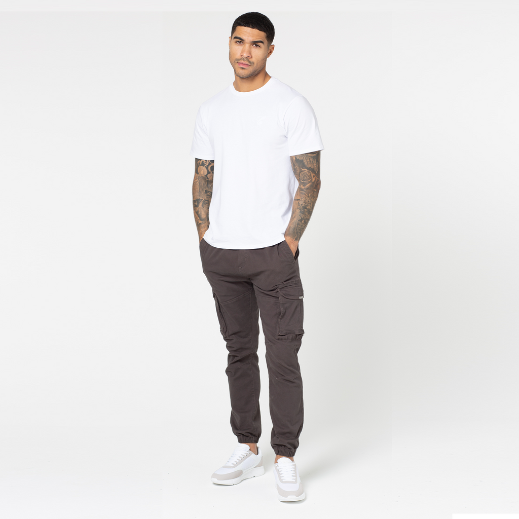 Men's ash brown utility trousers with white short-sleeved tee