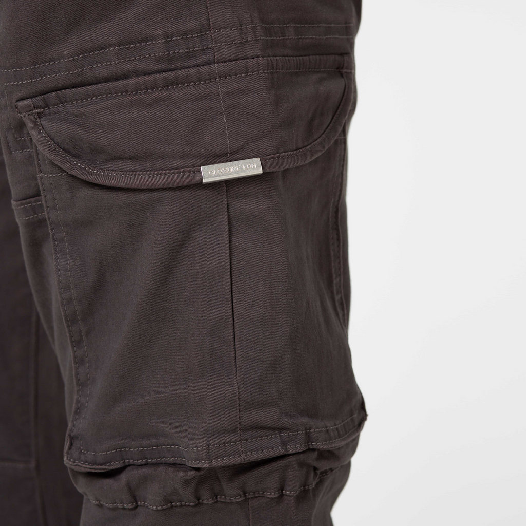 Close up of brown men's cargo pants pocket with silver tag