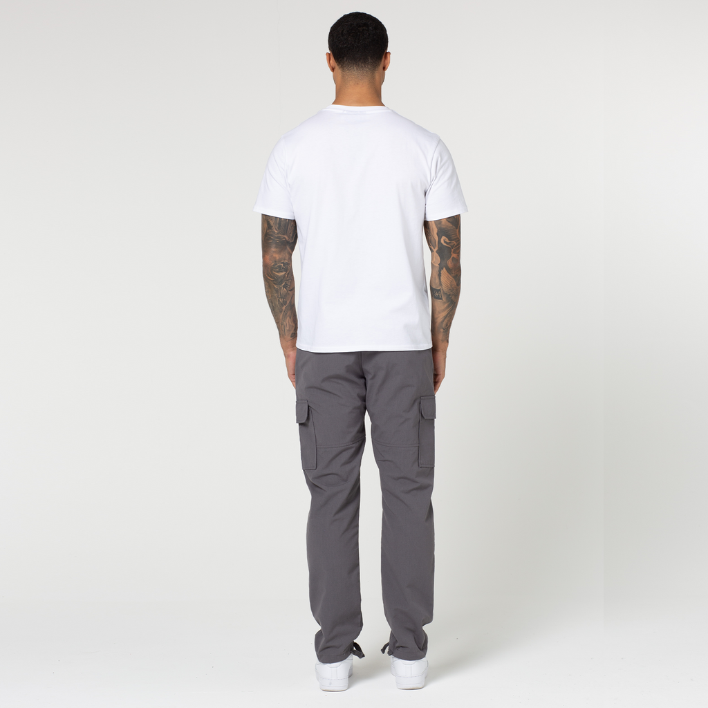Back profile view of mens cargo trousers in charcoal and plain white top
