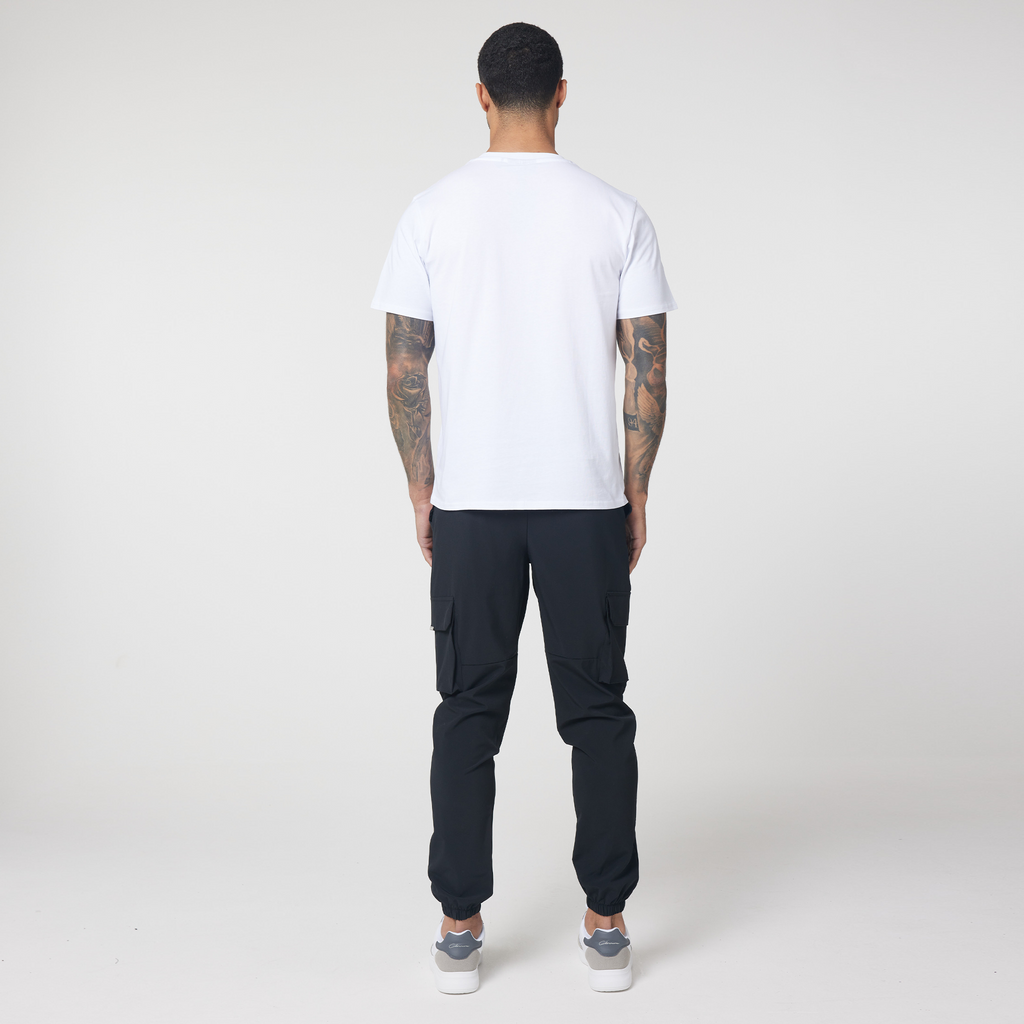 Back view of black men's tech cargo pants and back of plain white short sleeved tee