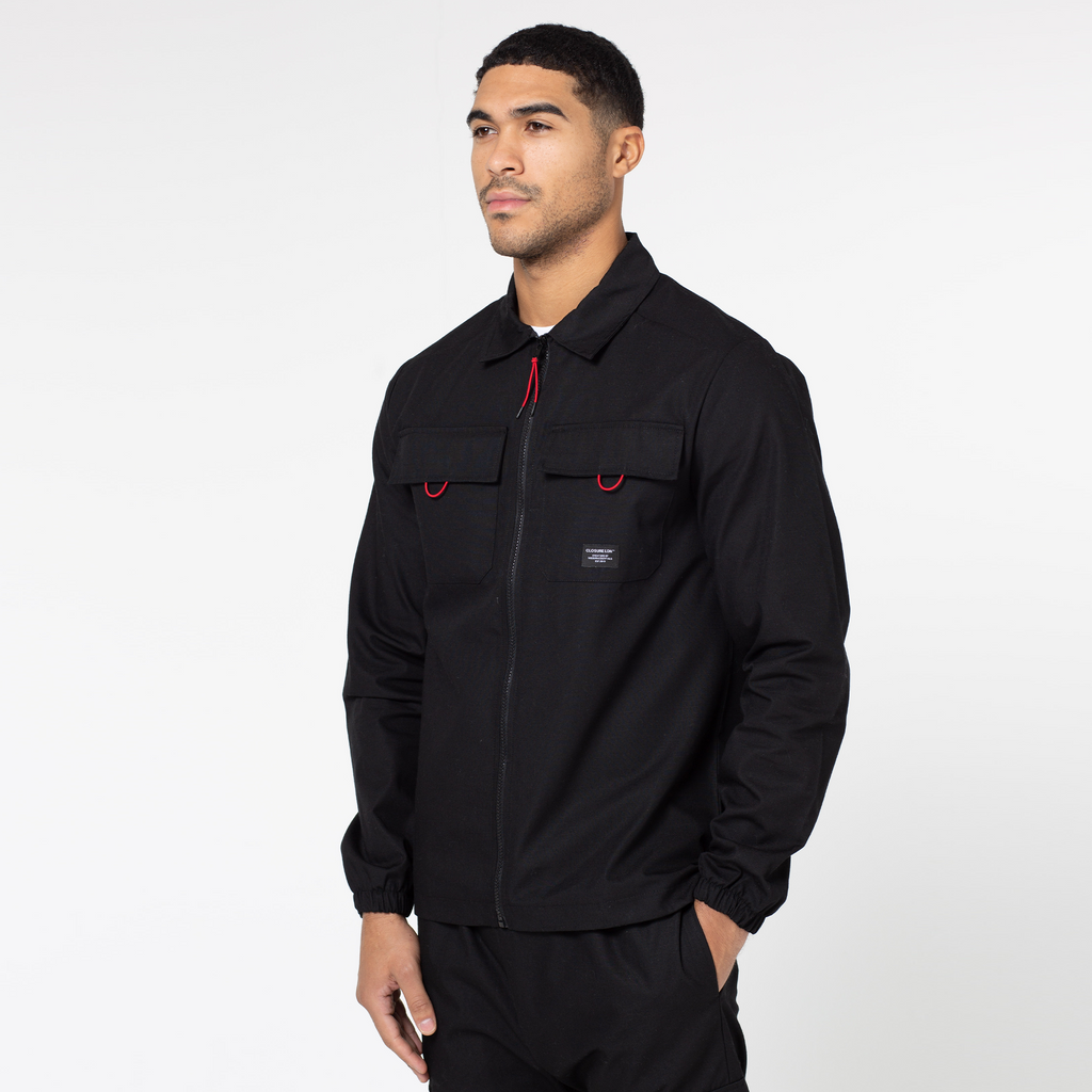 black men's zip up overshirt jacket with red toggle