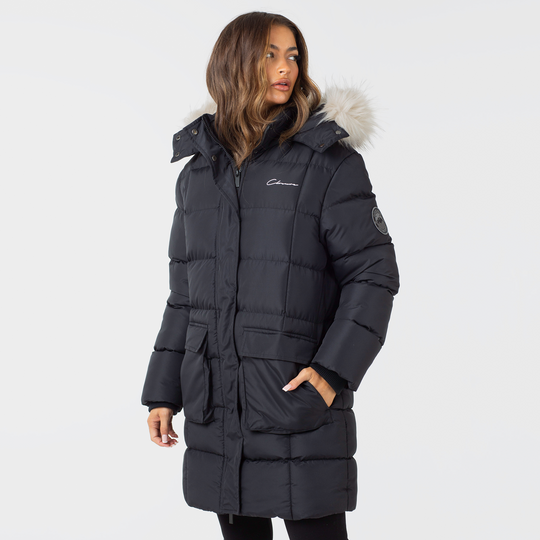 Women's  Black Faux Fur Longline Puffer   Closure London  Front View