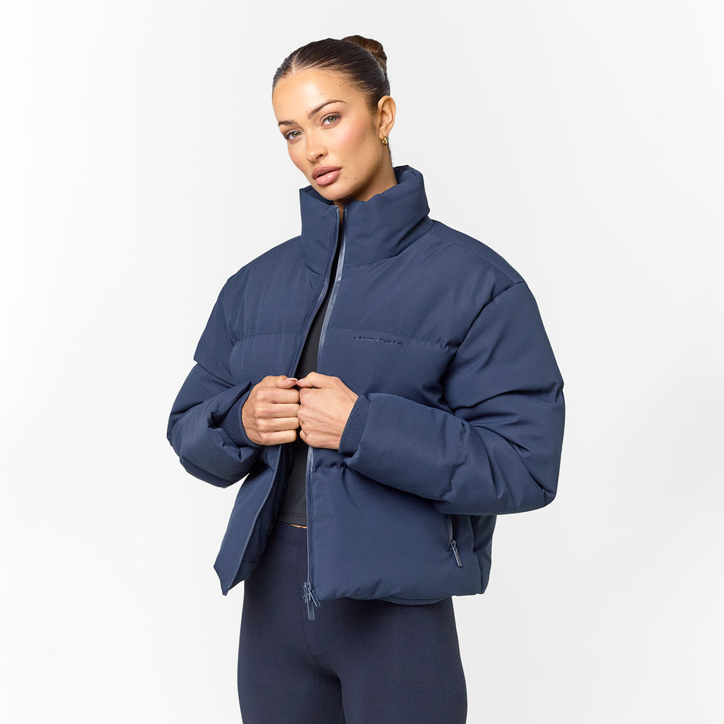 Women's  Navy Sleek Heat Seal Puffer  Closure London Front View