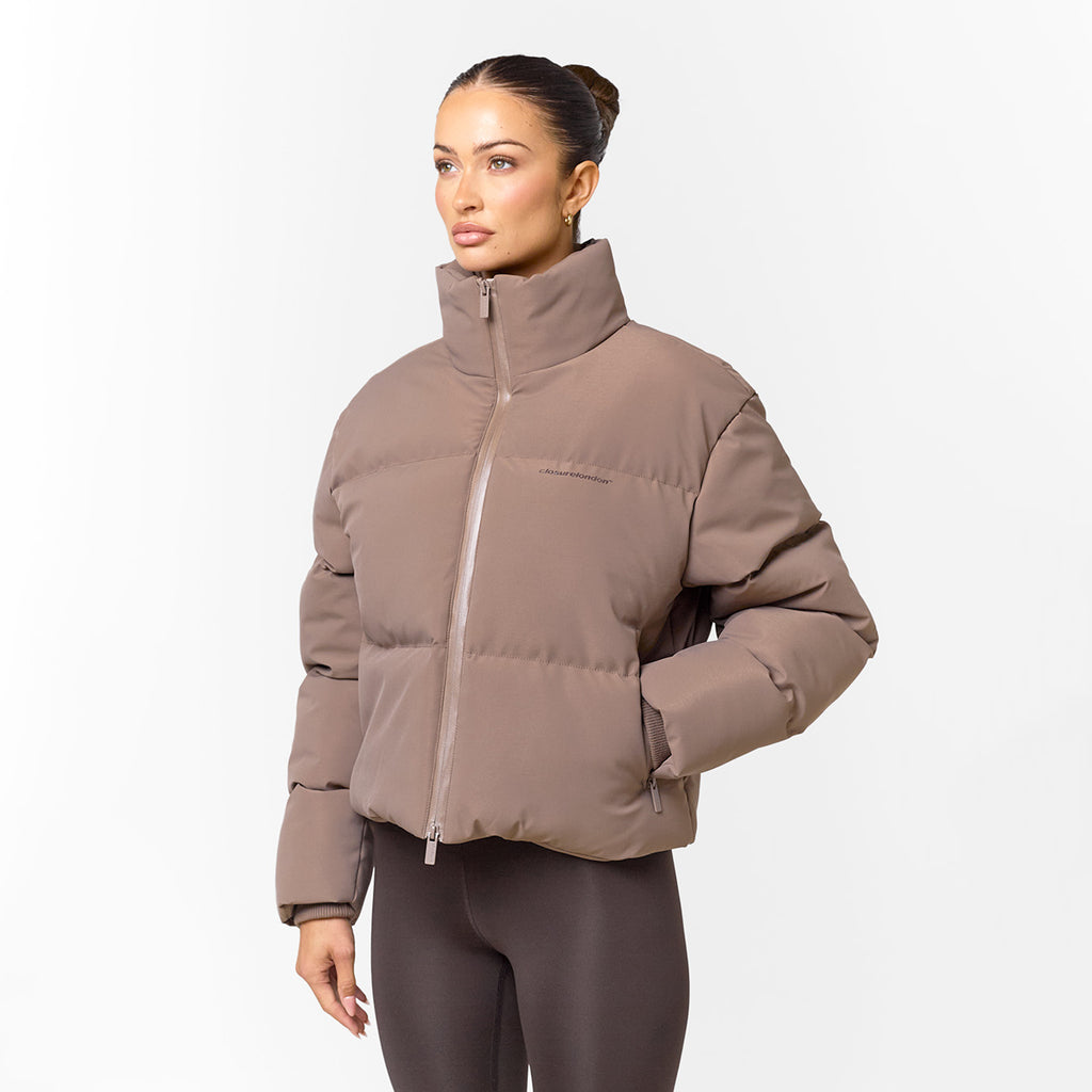 Women's  Mocha Sleek Heat Seal Puffer  Closure London Front View