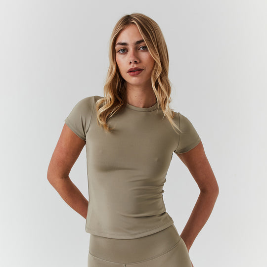 Women's  Olive Second Skin Crop Top  Closure London Front View