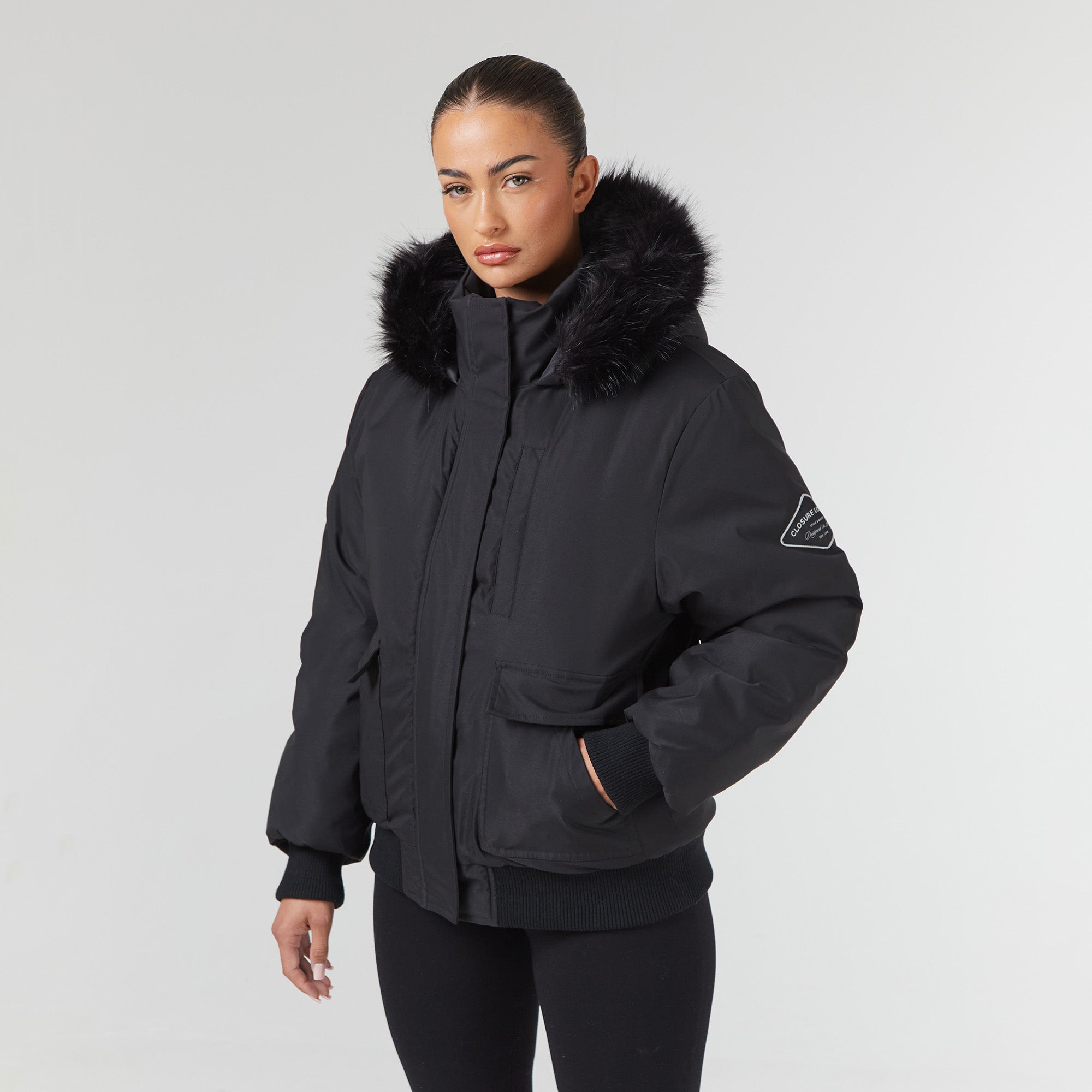 Faux Fur Cropped Parka Black – Closure London - Main Image