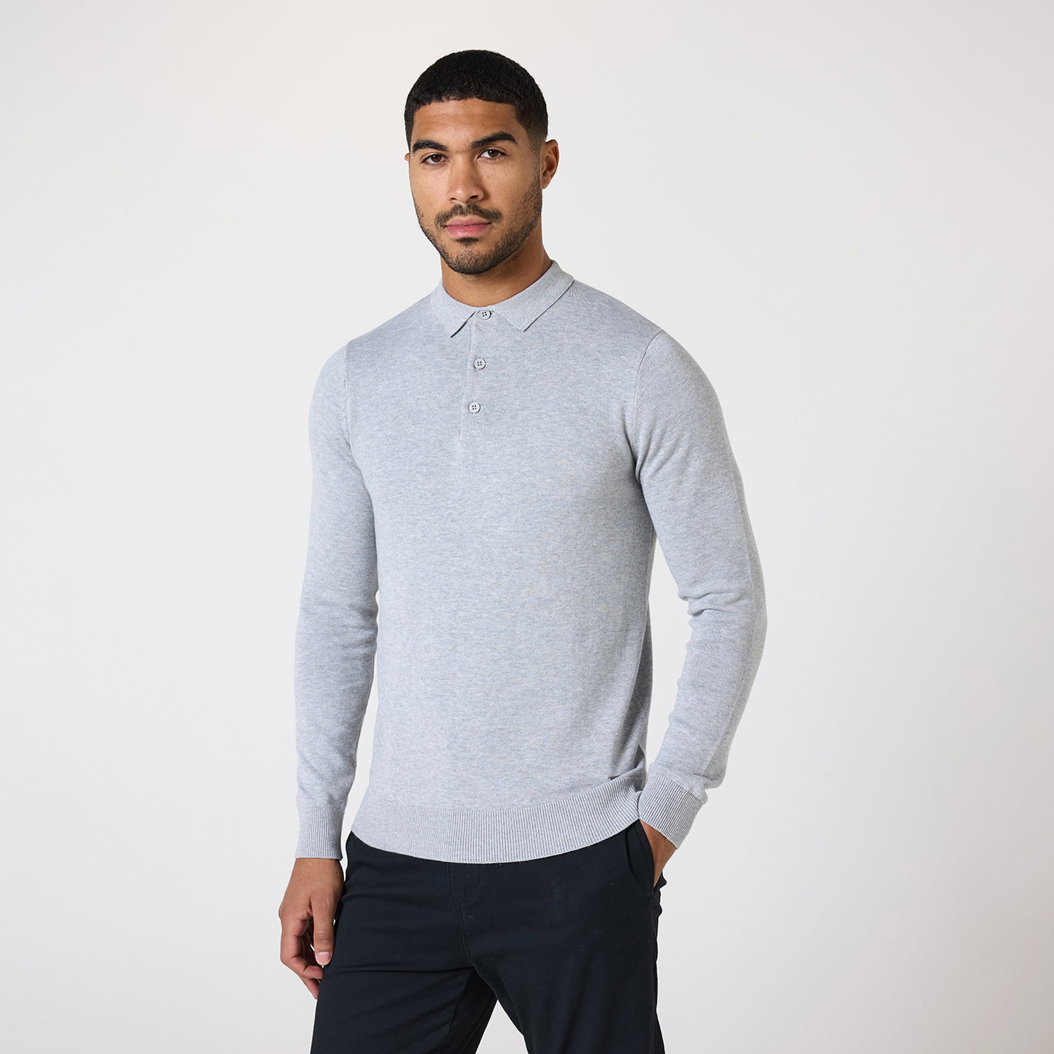 Long Sleeve Knitted Polo Light Grey Marl