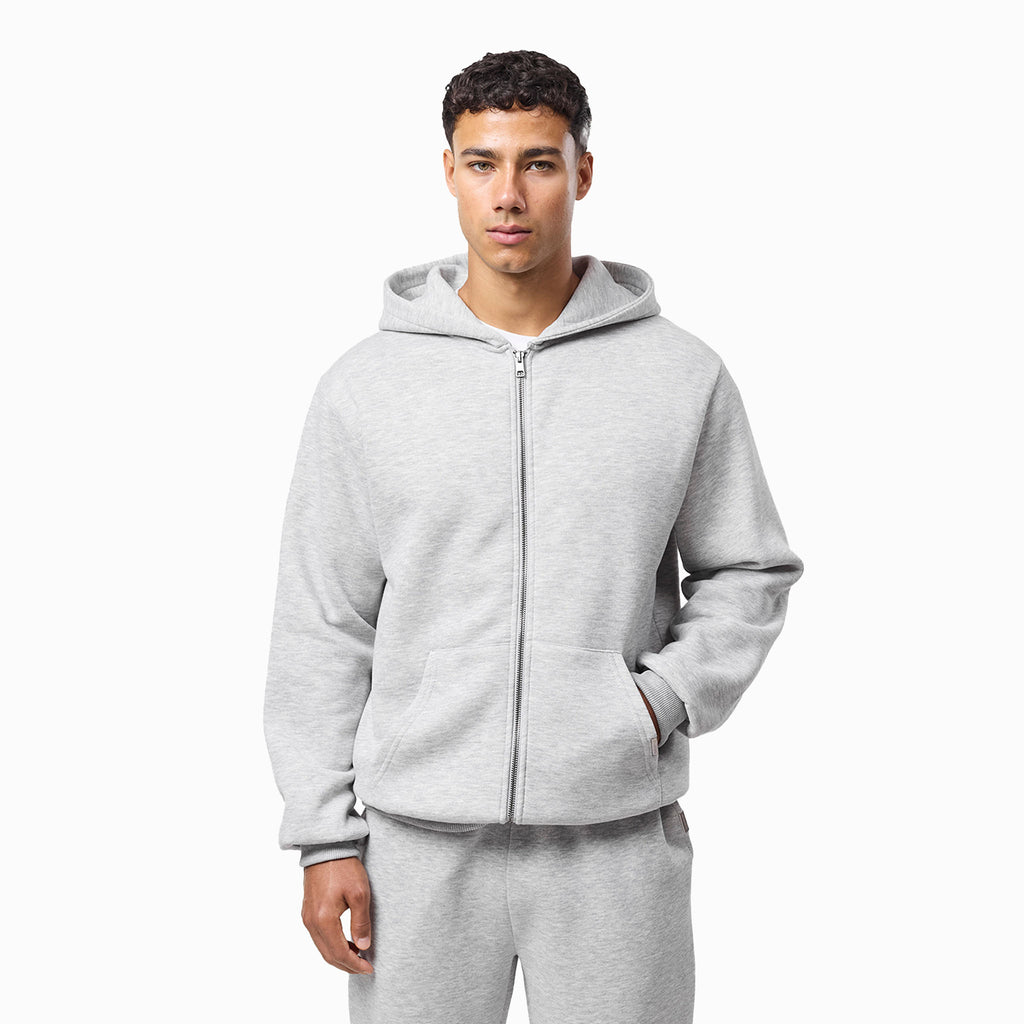 Men's Grey Marl  Relaxed Full Zip Hoodie  Closure London Front View