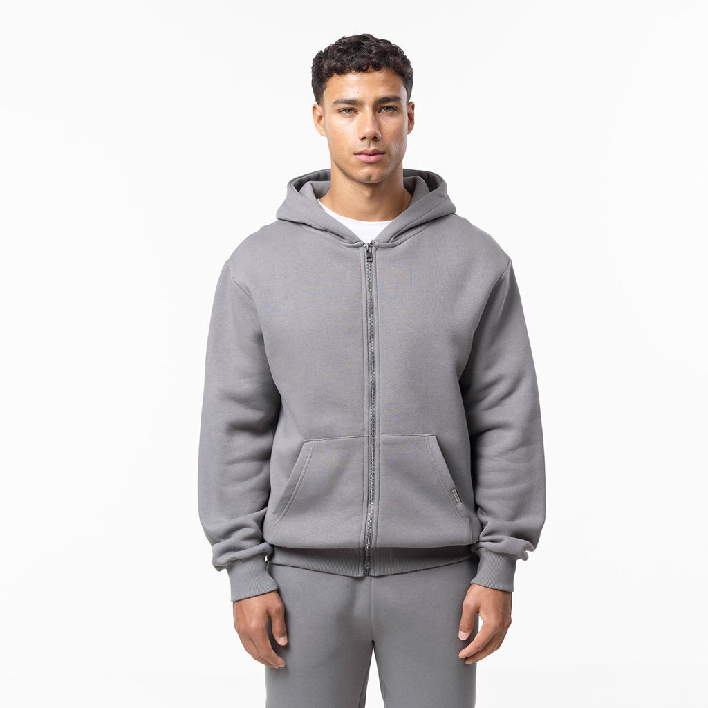 Men's  Mid Grey Relaxed Full Zip Hoodie  Closure London Front View
