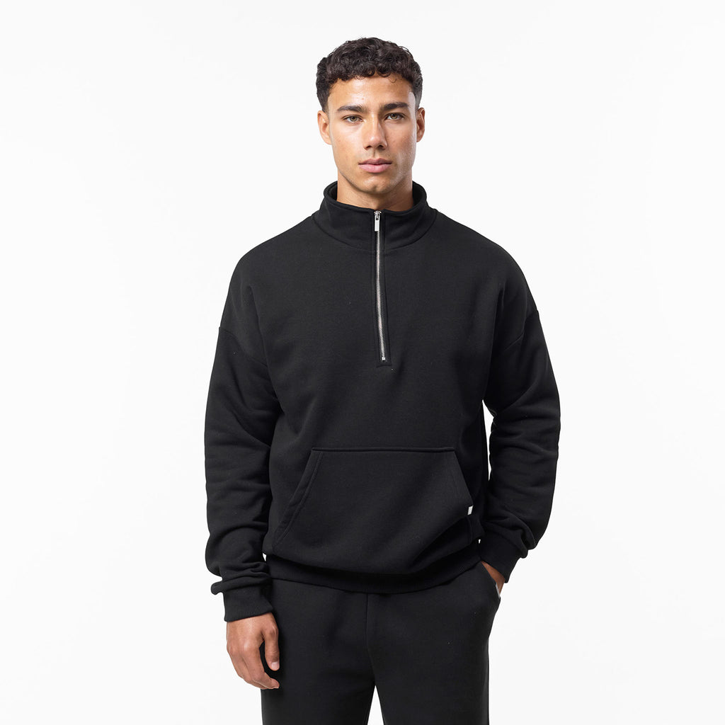 Men's  Black Relaxed Fit 1/4 Zip Fleece  Closure London  Front View