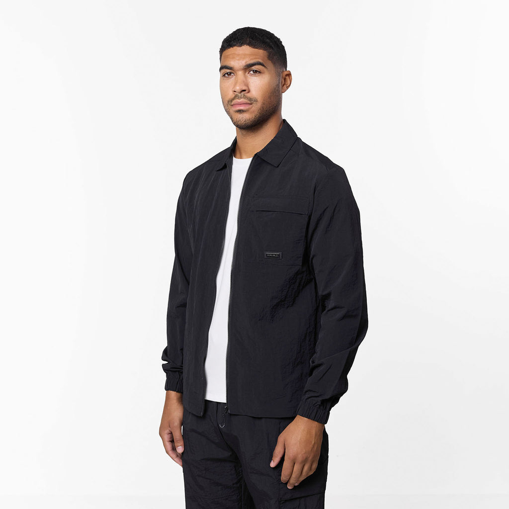 Men's  Black Crinkle Nylon Tech Overshirt  Closure London Front View