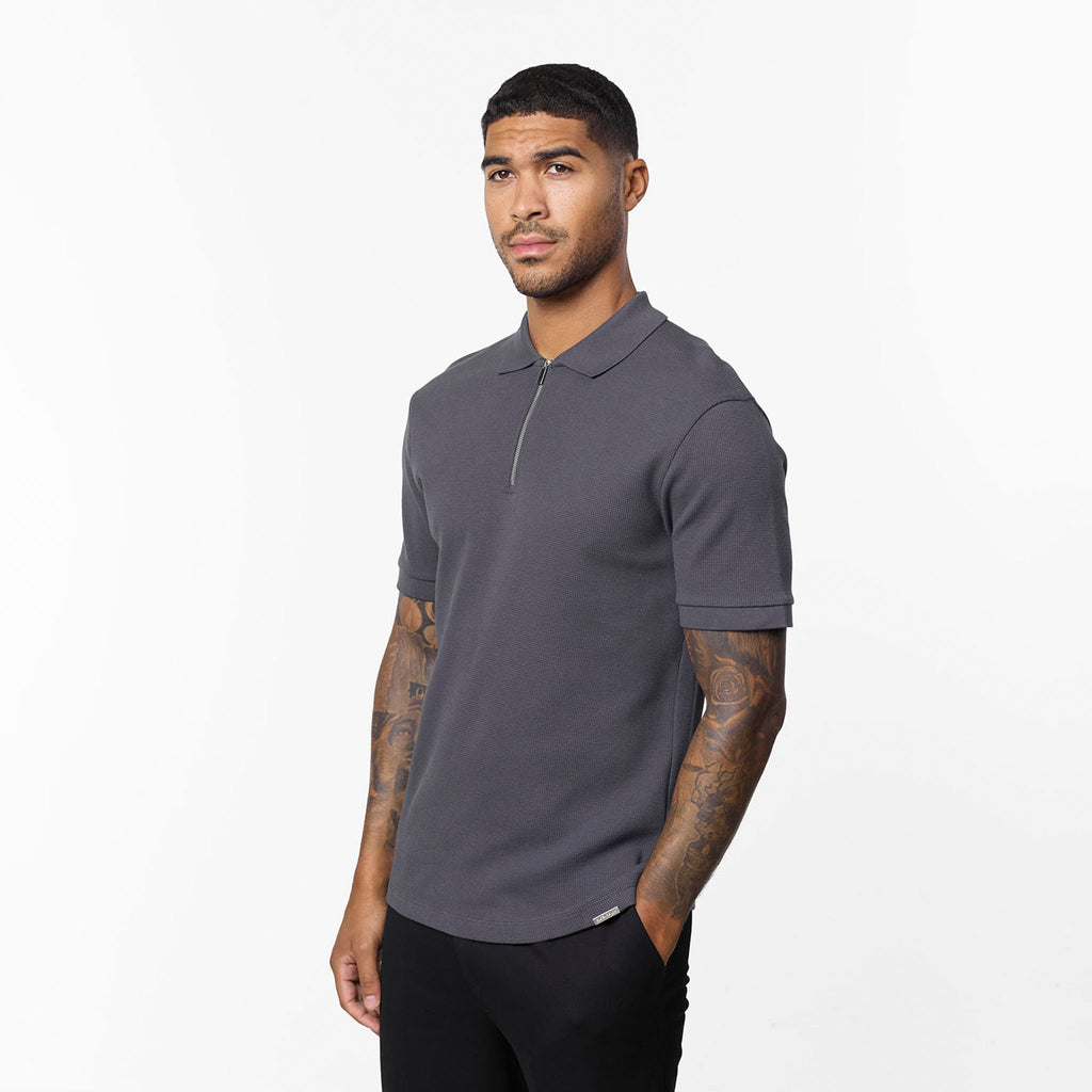 Men's  Charcoal Waffle Knit Zip Polo  Closure London Front View