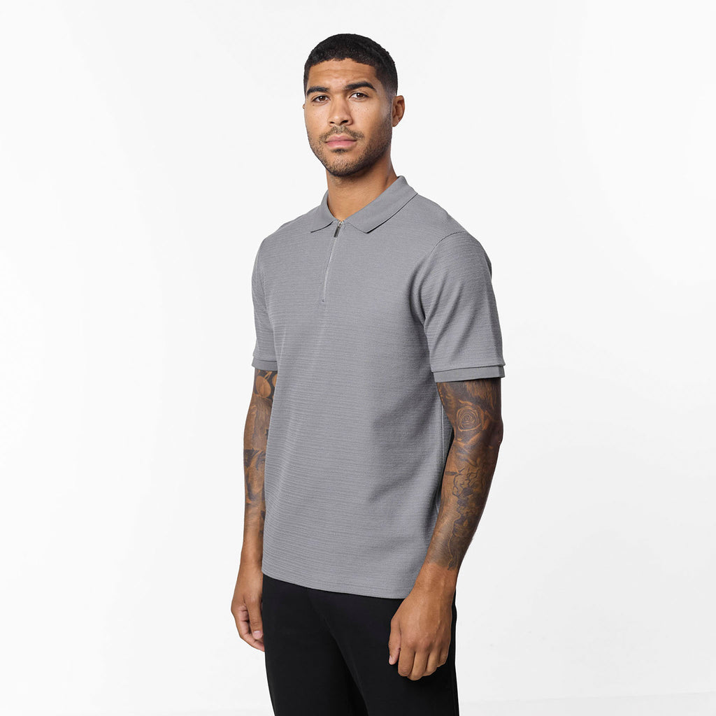 Men's  Grey Tonal Knit Zip Polo  Closure London Front View