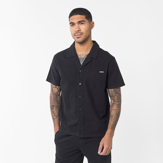 Men's  Black Linen Shirt  Closure London  Front View