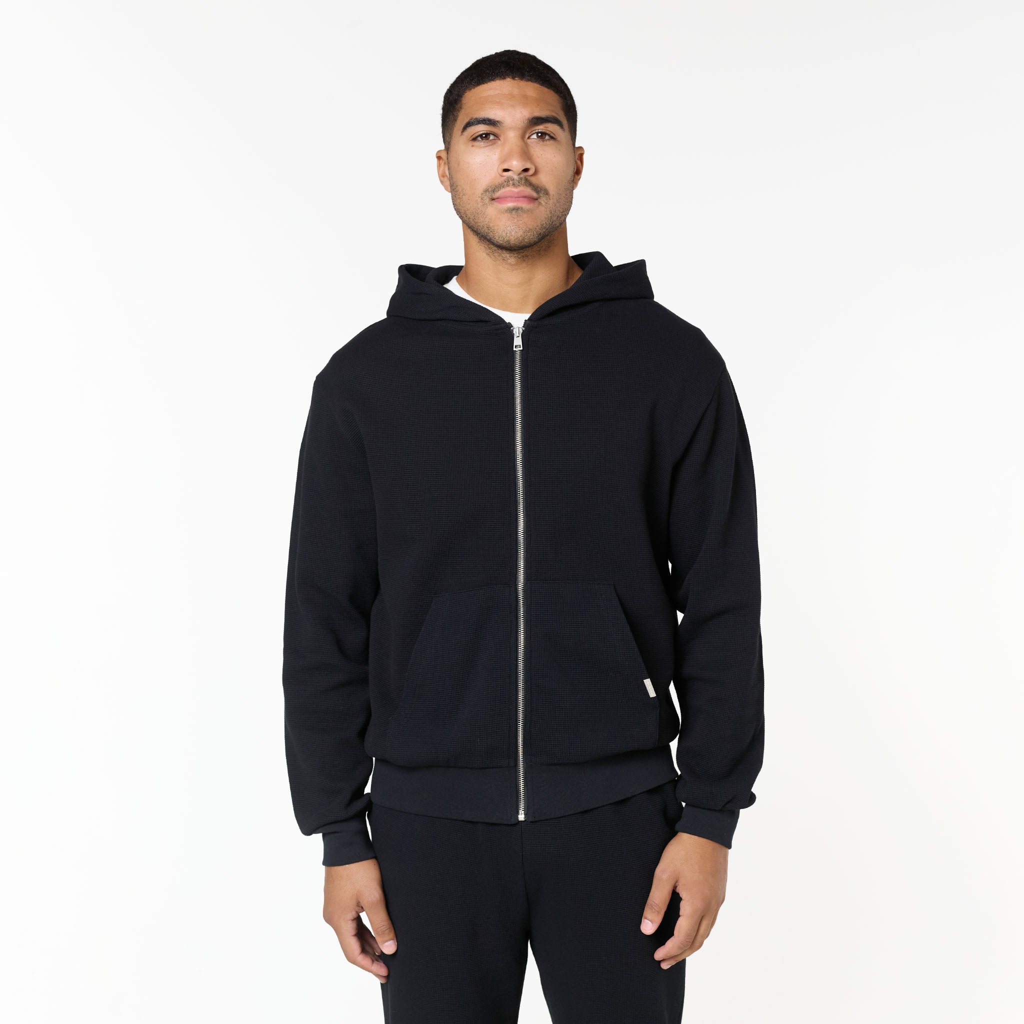 COOFANDY Men's Waffle Knit Hooded Sweatshirt - Long Sleeve Pullover With Drawstring, Black, 3X-Large
