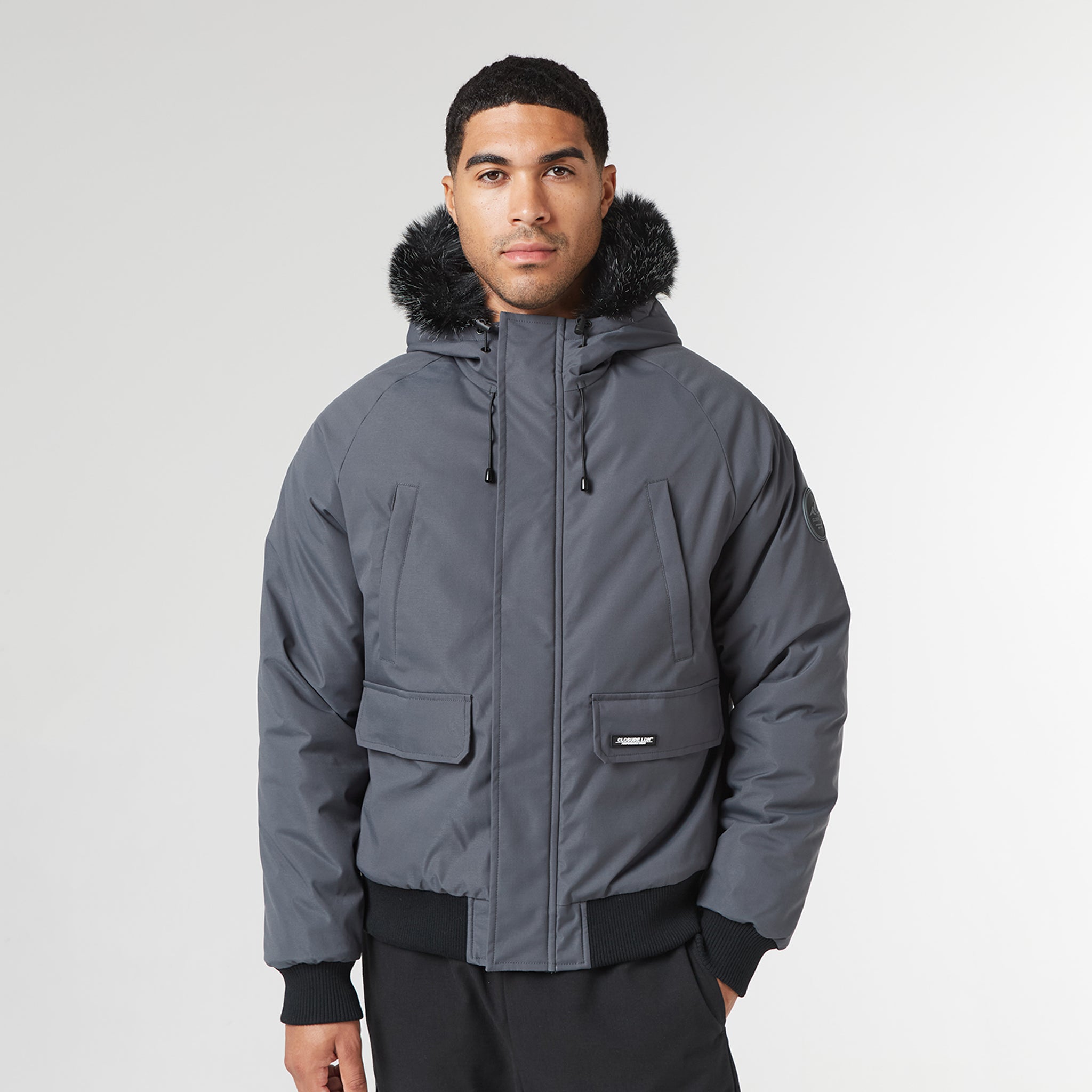 Fur Hooded Jacket Charcoal – Closure London - Main Image