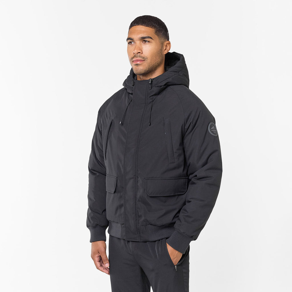 Men's  Black Hooded Parka Jacket Closure London  Front View