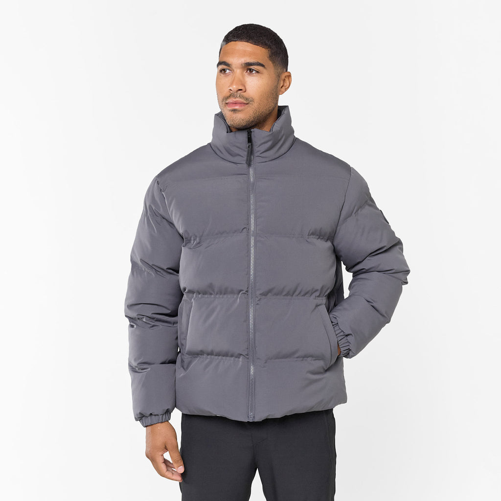 Men's Charcoal Ripstop Funnel Puffer  Closure London  Front View