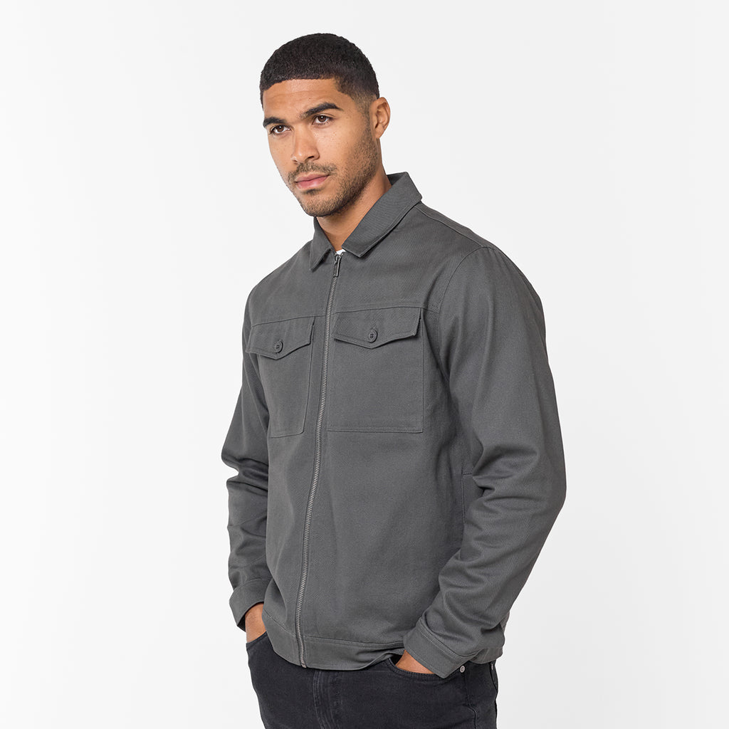 Men's  Charcoal Twill Zip Up Jacket   Closure London  Front View