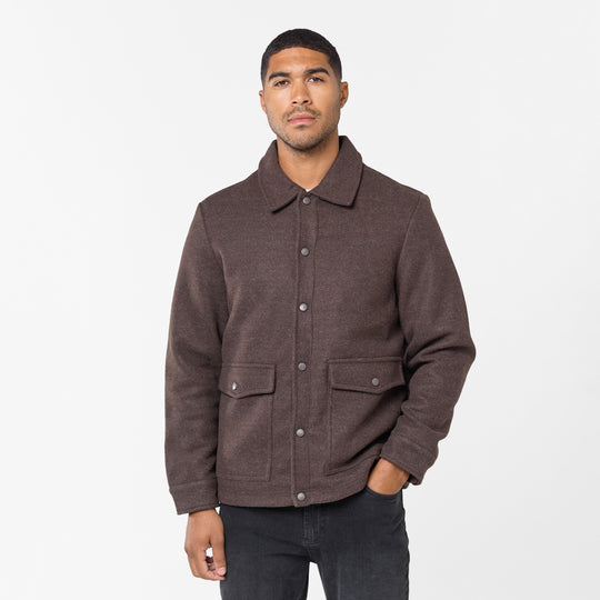 Men's  Brown Wool Button Up Overshirt   Closure London  Front View