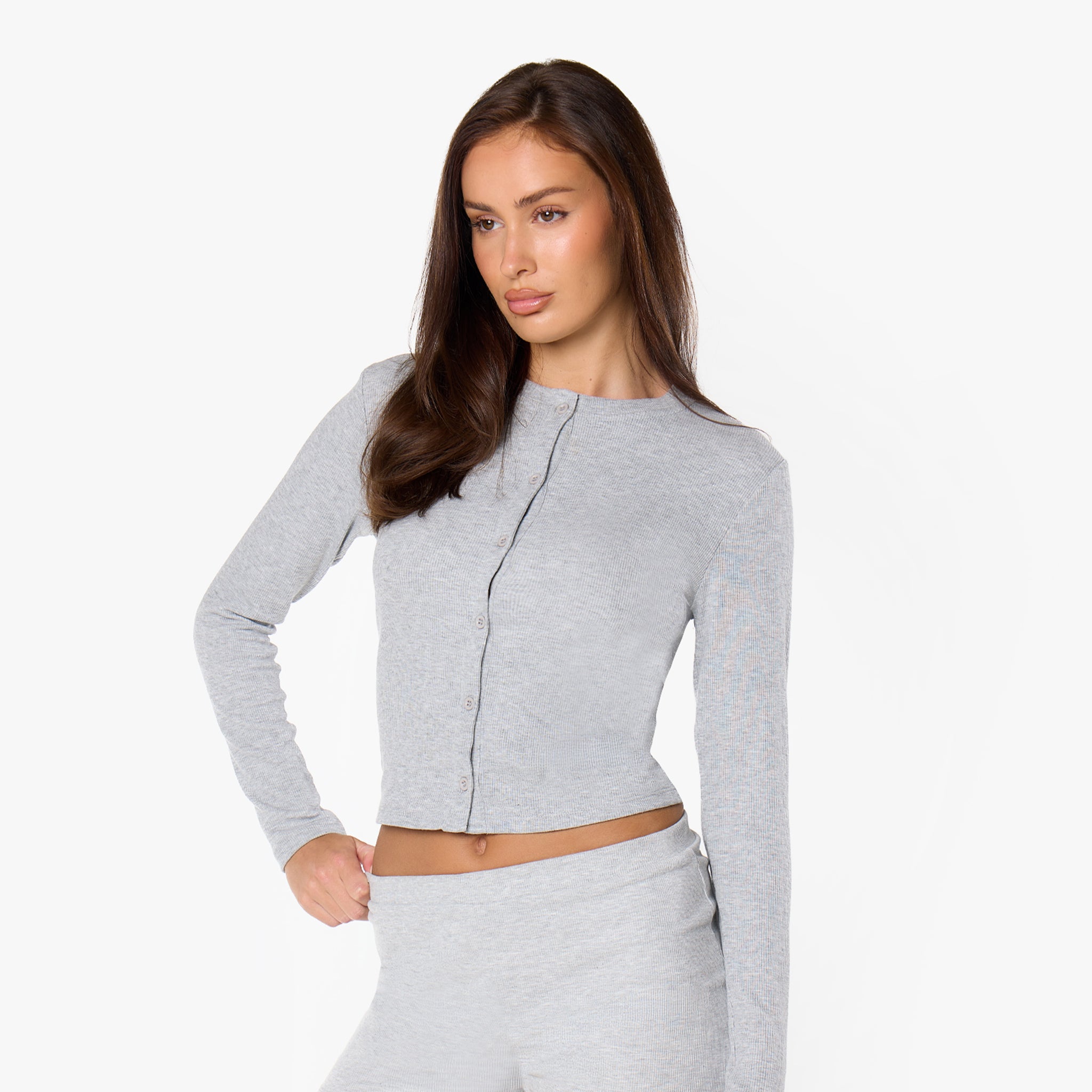 Ribbed Button Up Top | Grey Marl – Closure London
