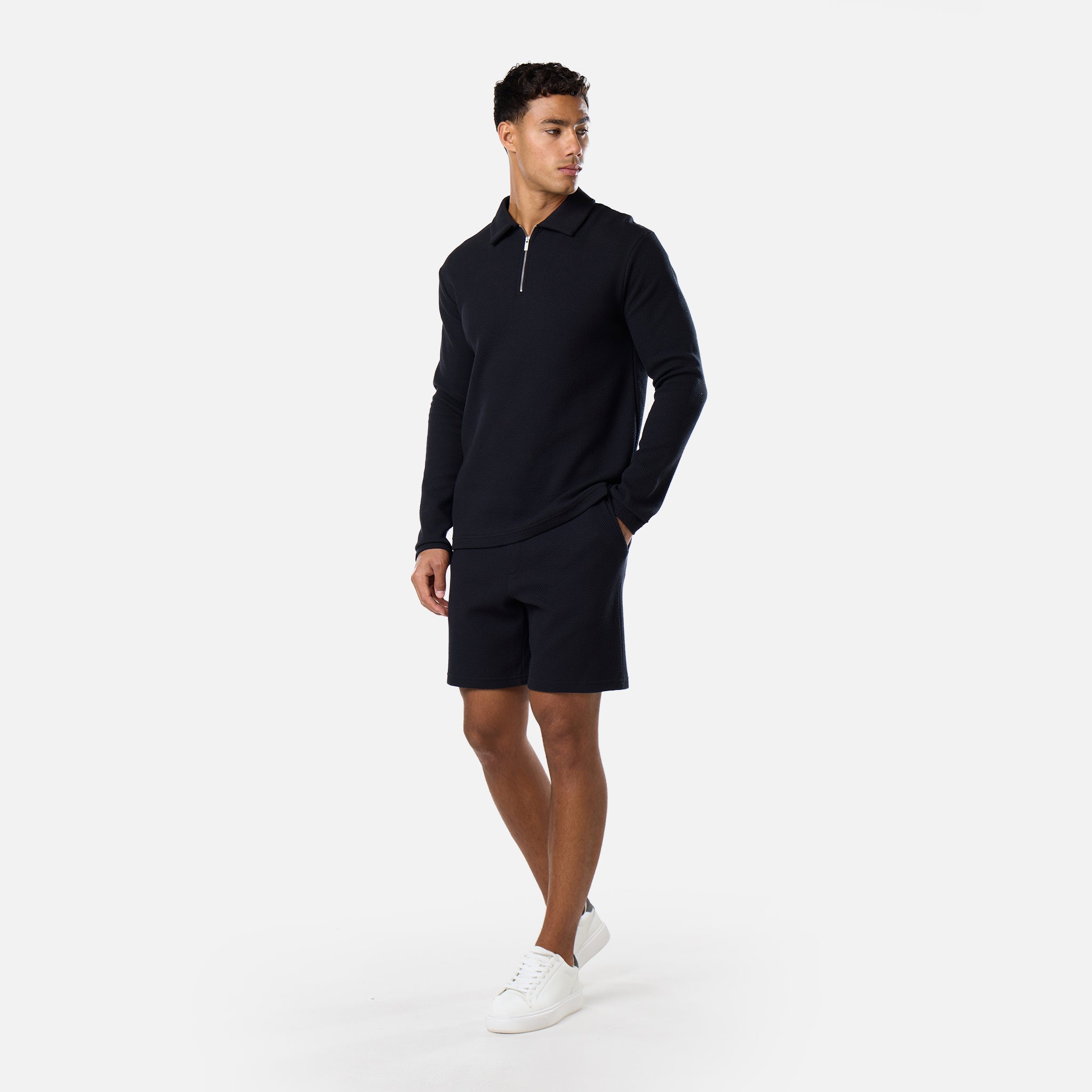 Long Sleeve Textured Polo | Black – Closure London
