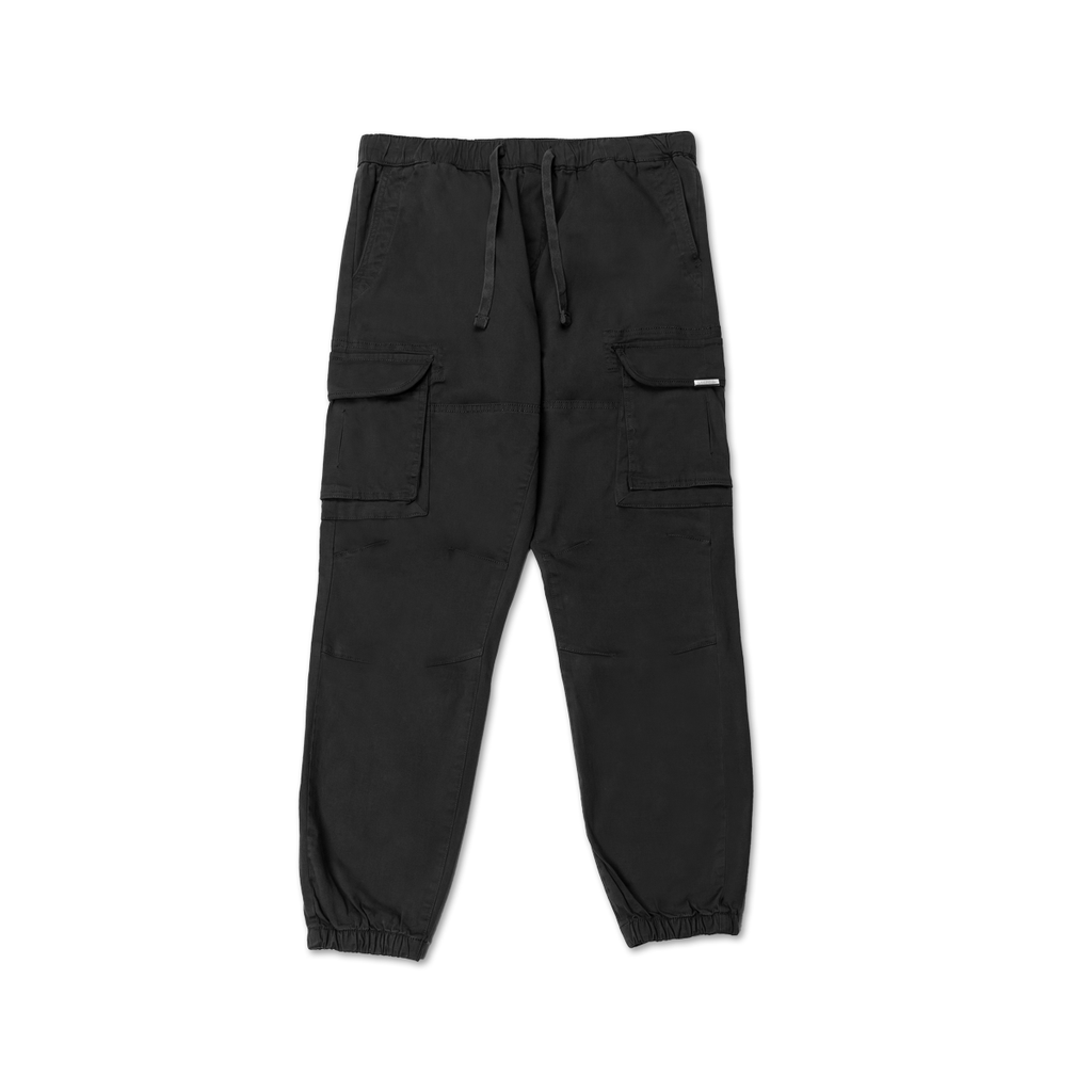 men's utility trousers in black showed down with adjustable strings and cuffed bottom feature
