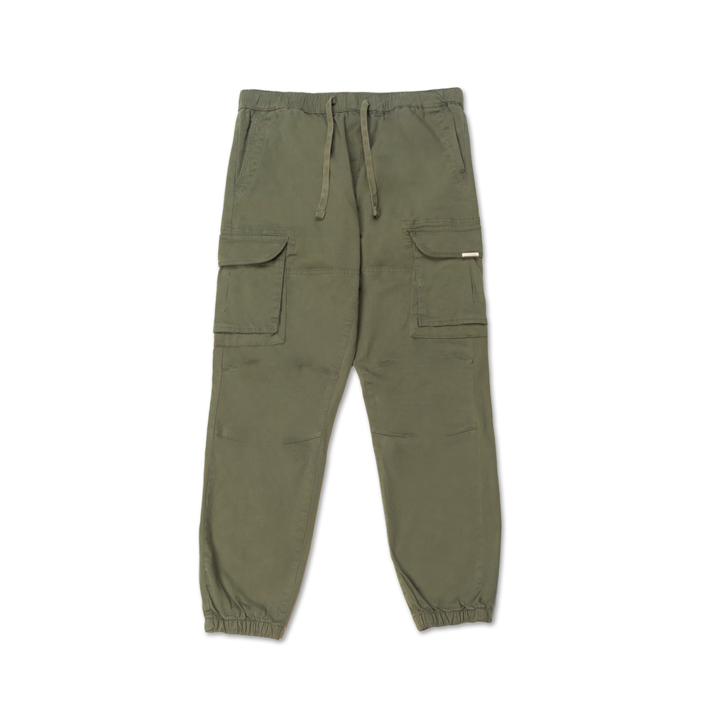 Men's cargo trousers in khaki free standing with adustable waist and cuffed bottoms