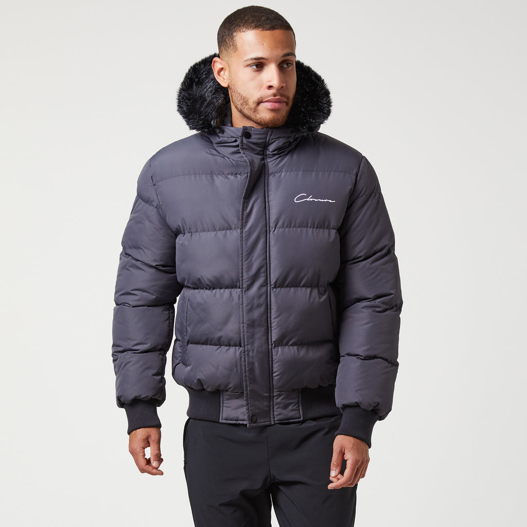 Mens puffer jacket in charcoal with fur hood