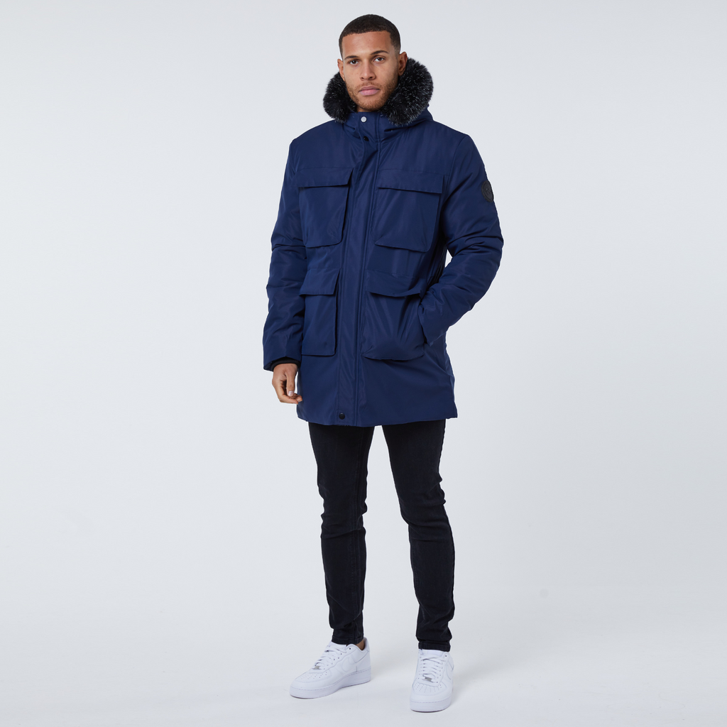 Mens exploration parka in navy with fur hood