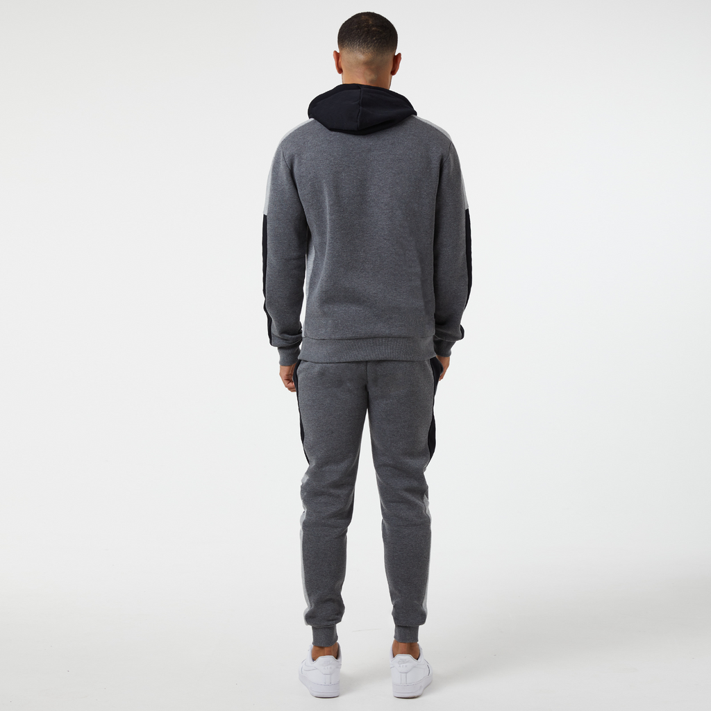 Back of charcoal marl hoodie and joggers