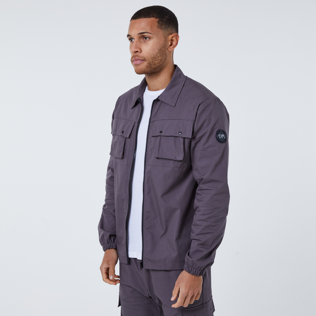 Model wearing men's zip overshirt jacket in grey
